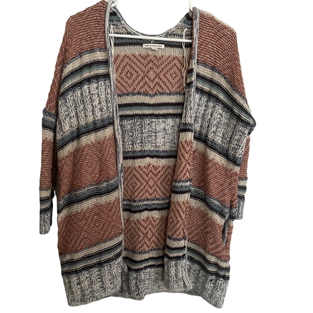 American eagle boho blue white brown woven cardigan